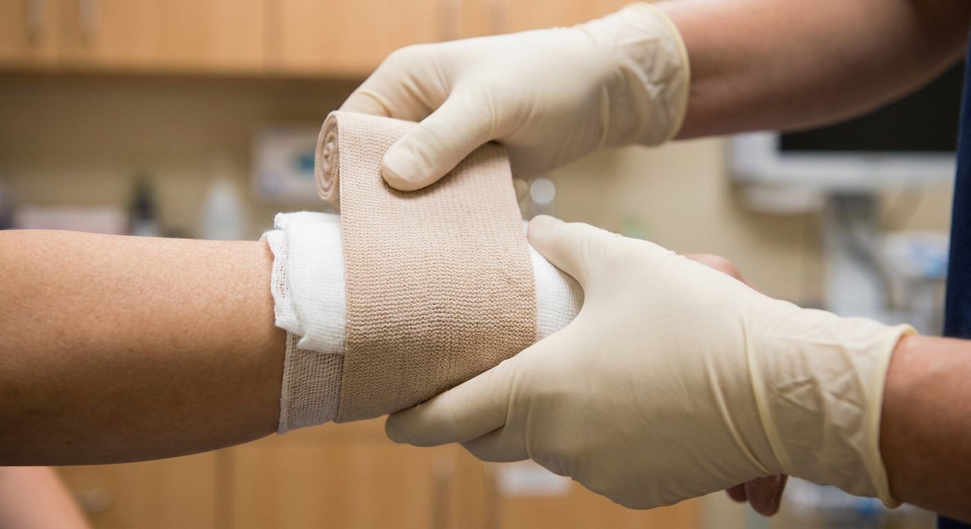fascia elastica arrotolata, forbici mediche e cerotti su vassoio in acciaio