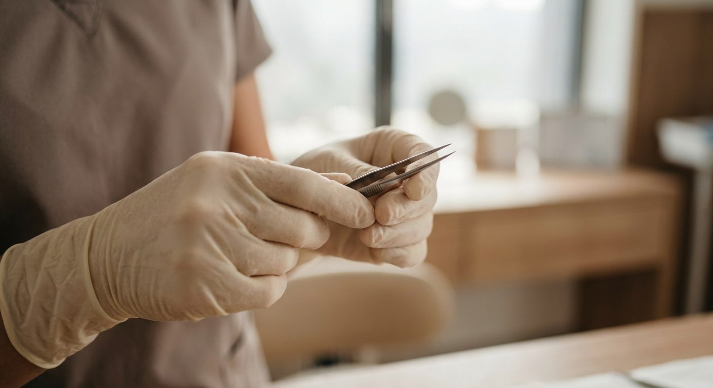 garze sterili piegate e strumenti fini su telo chirurgico
