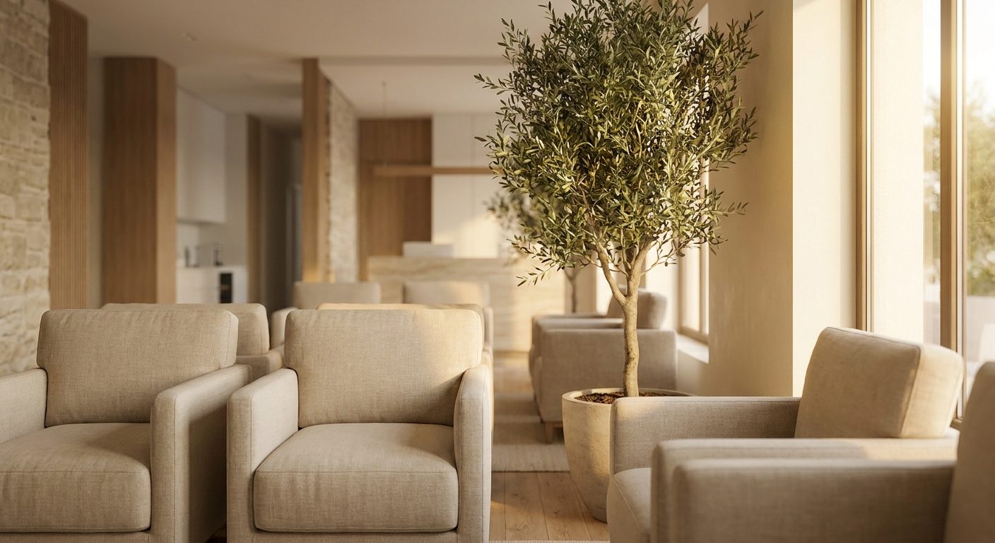 sala d'attesa elegante di uno studio medico privato, poltrone chiare e pianta d'ulivo, finestra con luce calda.